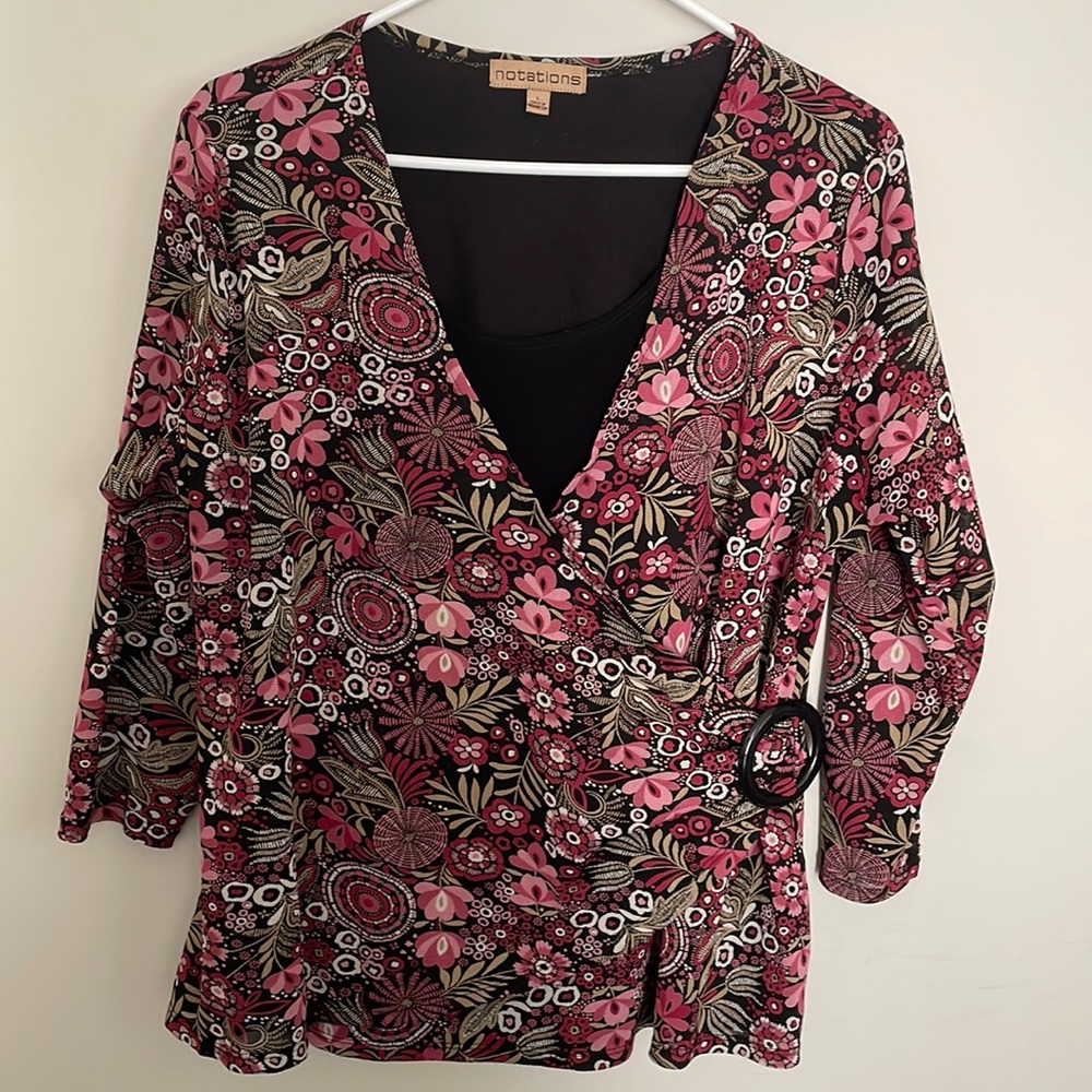 Notations Faux Wrap lined top-3/4 sleeves- purple-plum-pink-white-black design-L